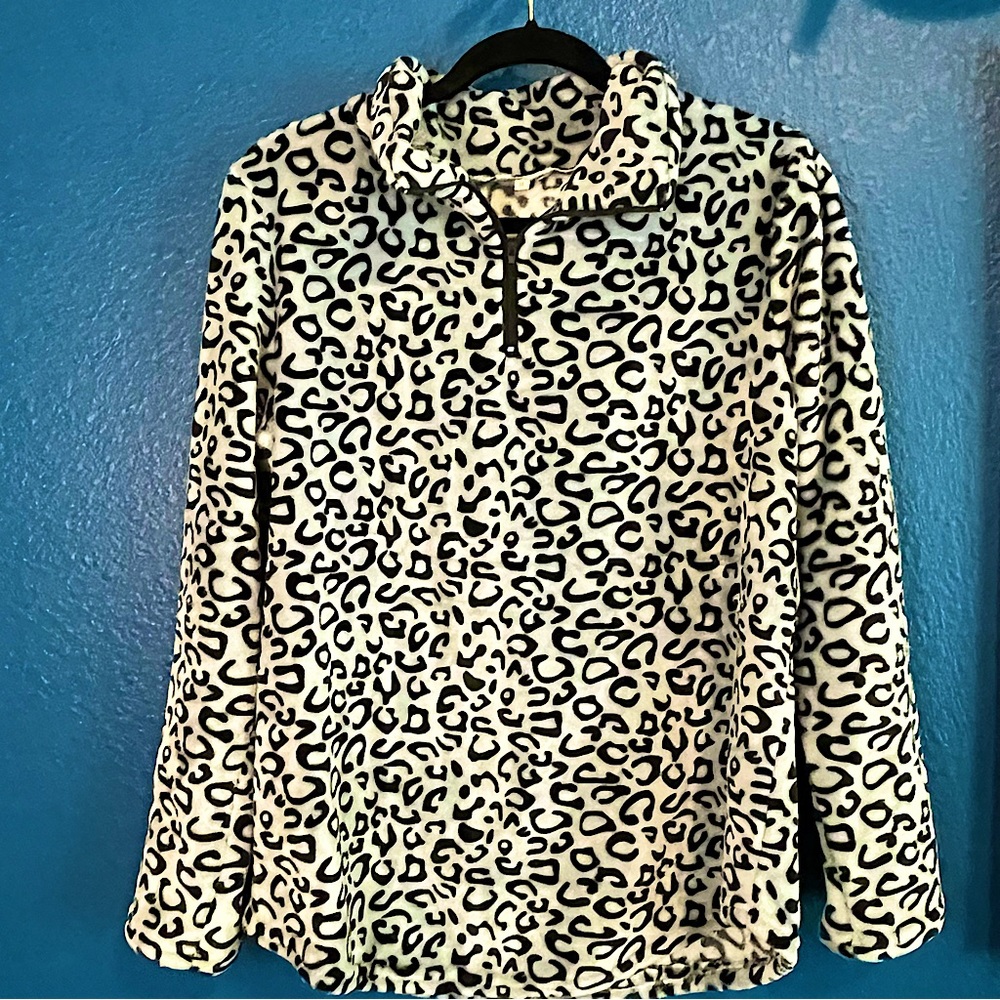 Fleece Pullover Women M Silver/Blue Animal Print